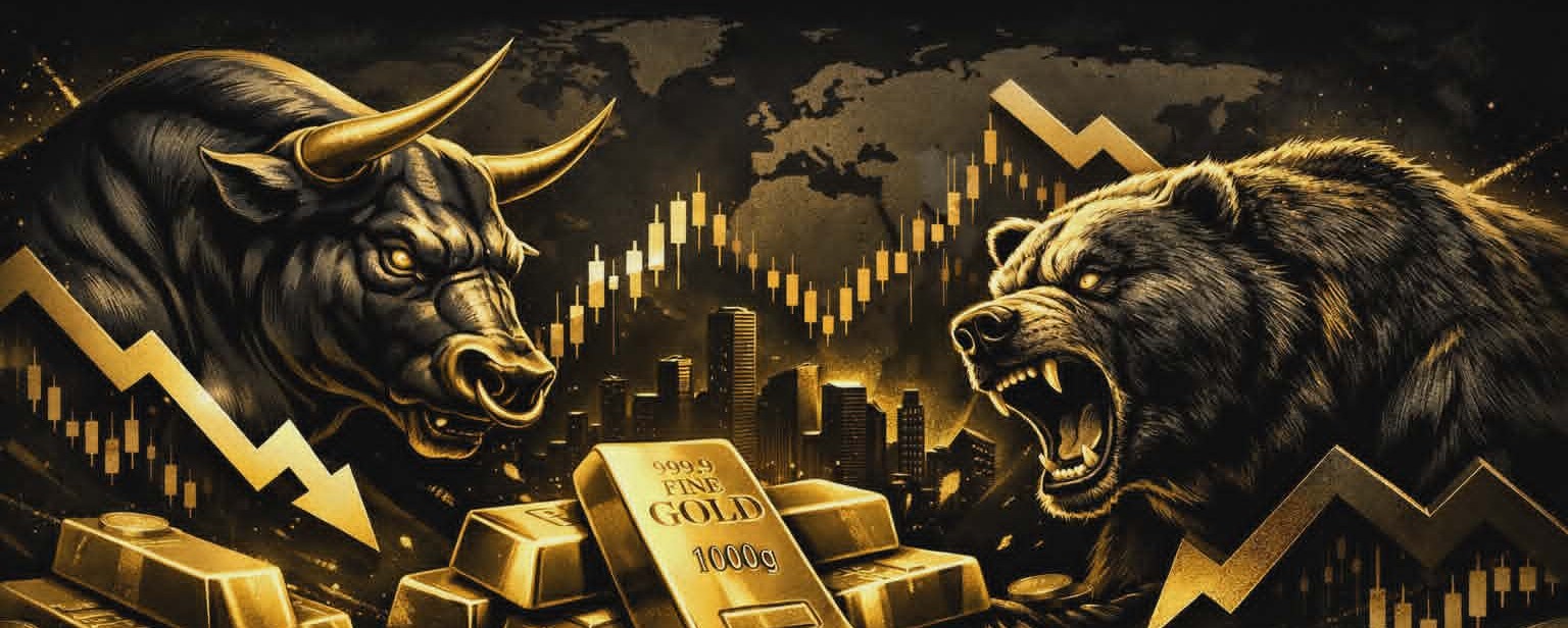 bull and bear fighting over some gold
